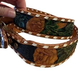Vintage Hand Tooled Rose Leather Belt with Joyce on It Brown & Green Roses 32”